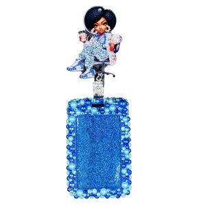 Bling Pearl Fashion Work Name Badge ID Card Holder & Retractable Clip Ocean Blue